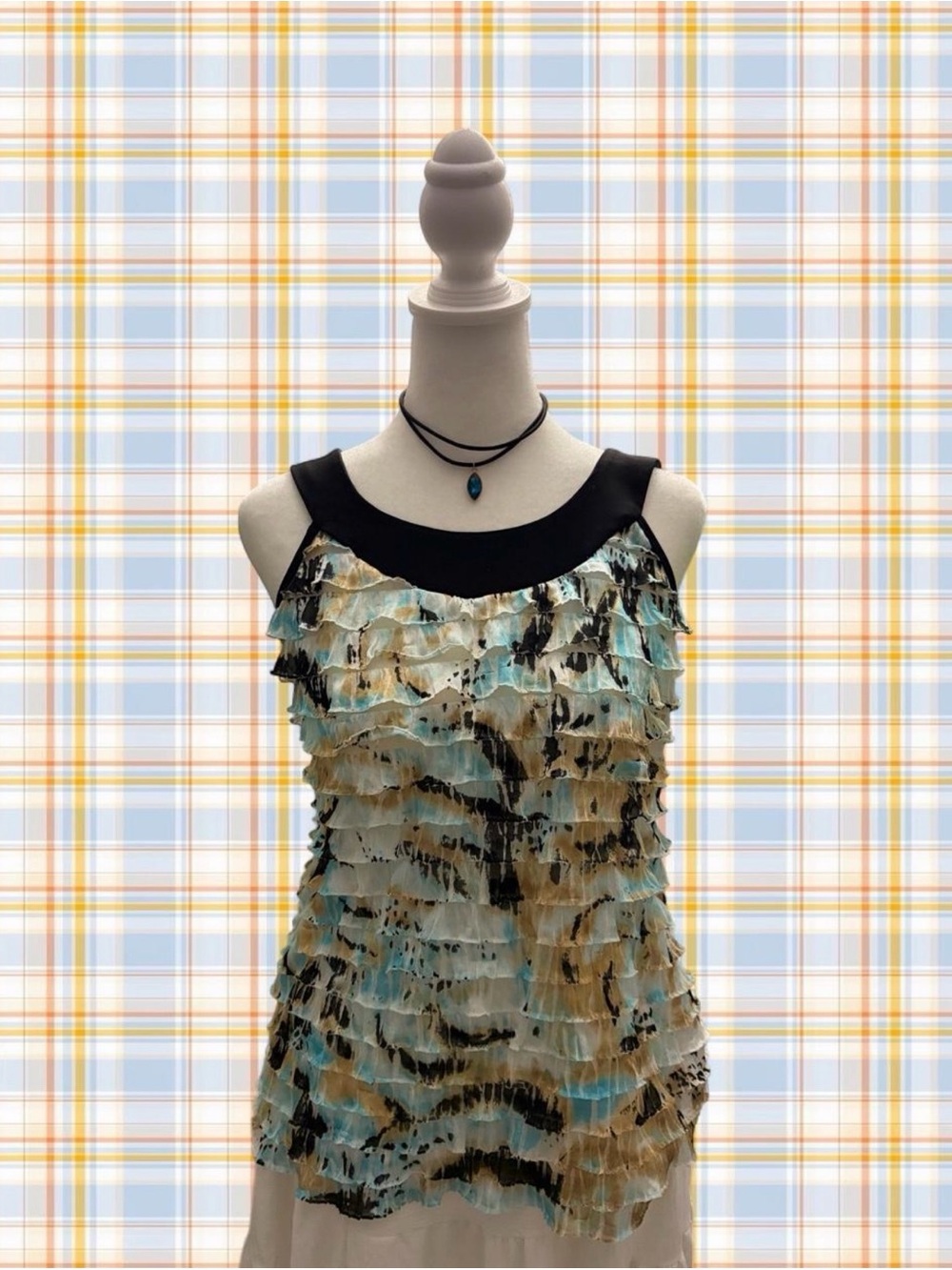 Cato Ruffled Sleeveless Top in Aqua, Black & Tan